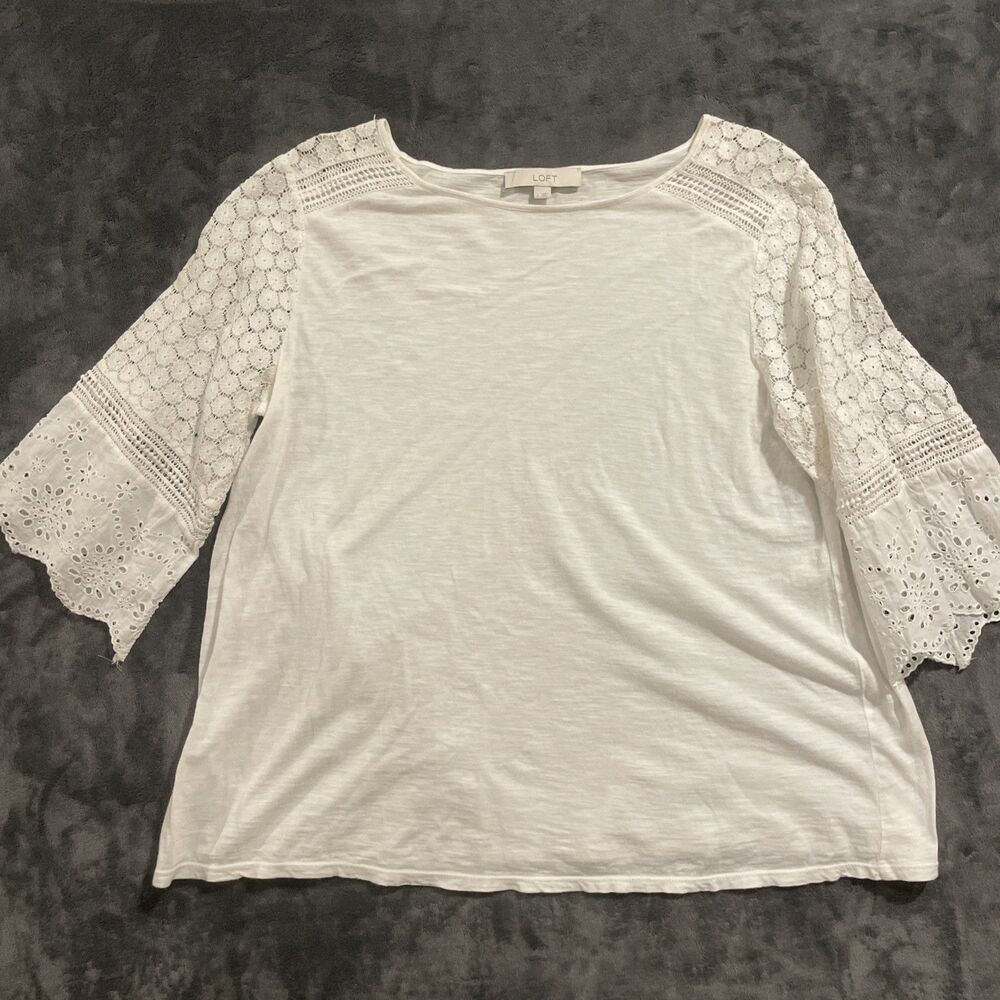 Ann Taylor LOFT White Lace  Sleeve Shirt Sz Large  Chic Boho Eyelet Lace Detail